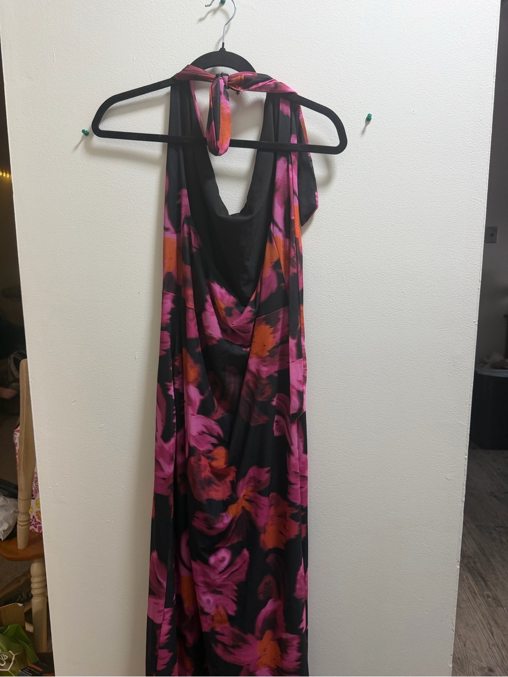 Sleeveless Floral Halter Maxi Dress in Black and Pink